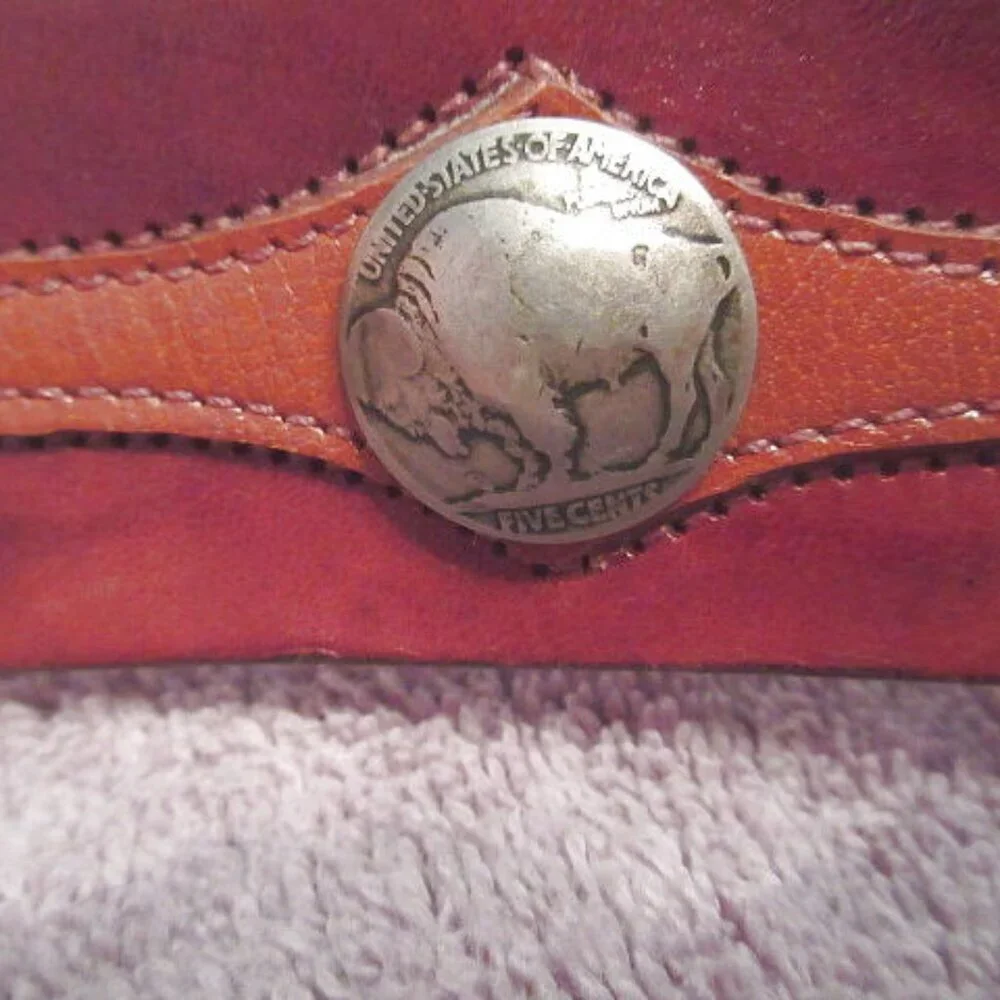 Vtg Buffalo Nickels Indian Head Leather Belt Size 40 Conches Western Cowboy USA